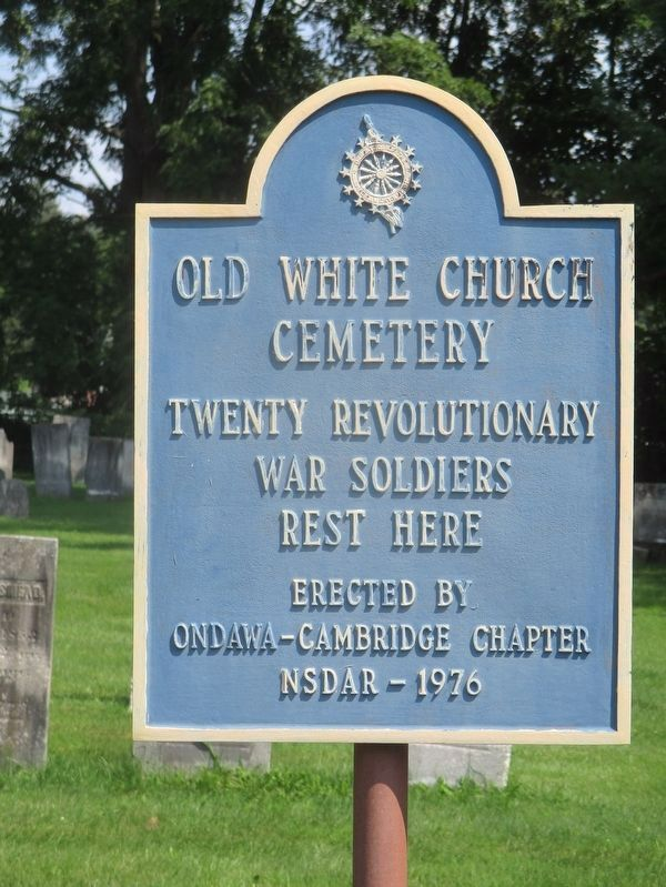 Blue and gold Old White Church Cemetery marker, erected in 1976, inscribed with the commemorative claim that twenty Revolutionary War soldiers rest here.