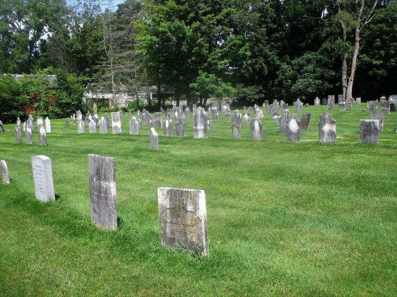 Rows of gravestones on the green grounds of Old White Church Cemetery, bordered by mature trees.